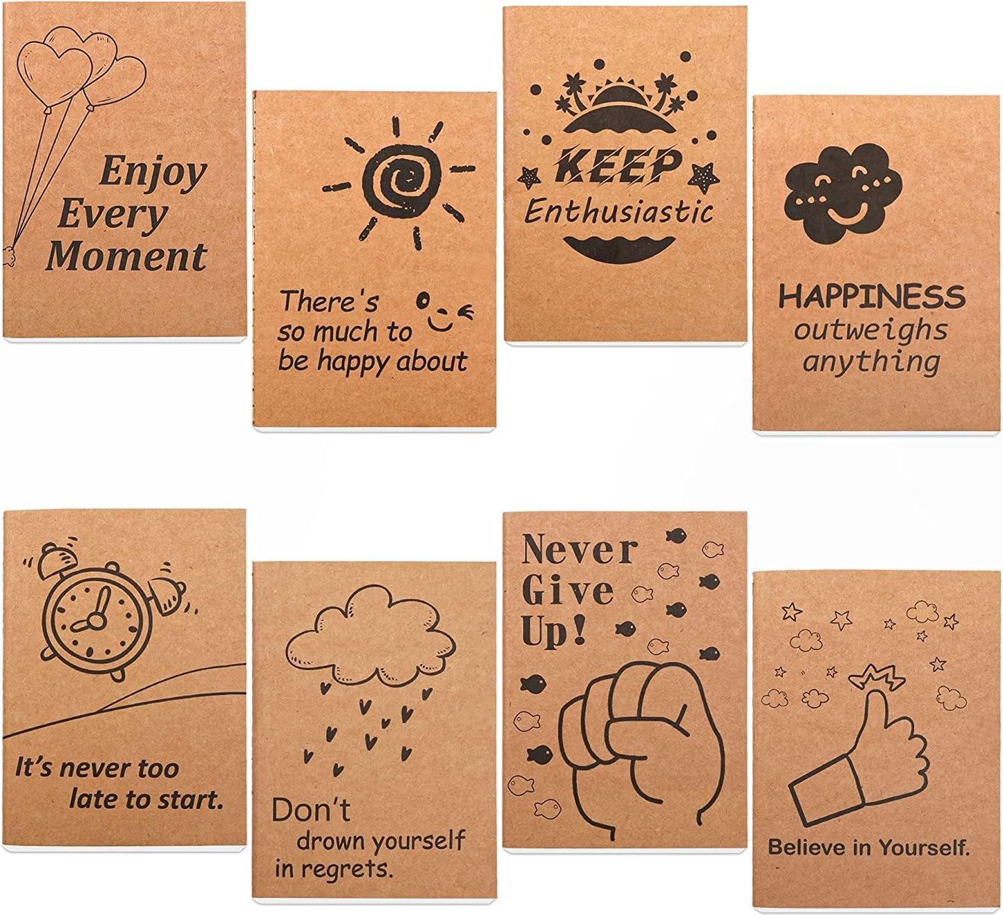 feela 8 Pack Cute Kraft Notebooks, 8 Designs Mini Pocket A6 Notebook Journal Notepad, Lined Small Motivation Blank Journal Bulk for Women Kids Students Gift School Supplies, 4.1X5.8 in, 80 Pages