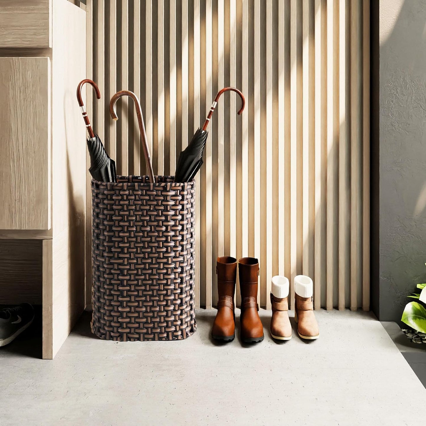 PEMAR Wicker Umbrella Holder Indoor Outdoor, Decorative Hand Woven Umbrella Stand Rack for Home, Entryway Rustic Farmhouse Multipurpose Narrow Tall Basket (Brown)