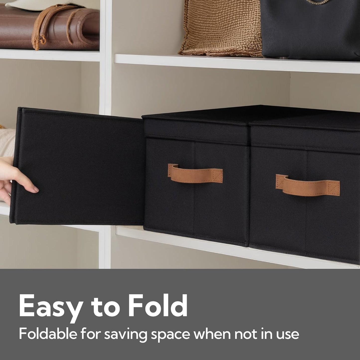 StorageWorks Large Storage Bins with Lids, Decorative Storage Boxes with Lid and PU Handles, Foldable Storage Baskets for Closet, Shelves, Stackable, Black, 3-Pack