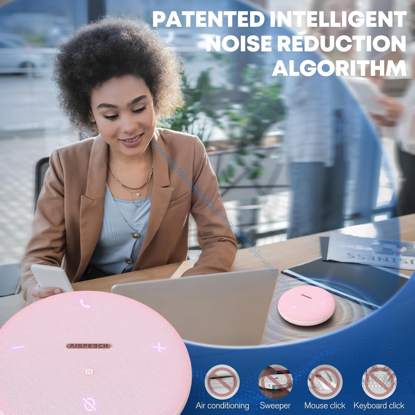 M4 Bluetooth Speakerphone Conference Speaker and Microphone with AI Noise Reduction GPT Transcription Speakers for Computer Desktop 360° Voice Pickup at Home Office for Teams/Zoom, Pink