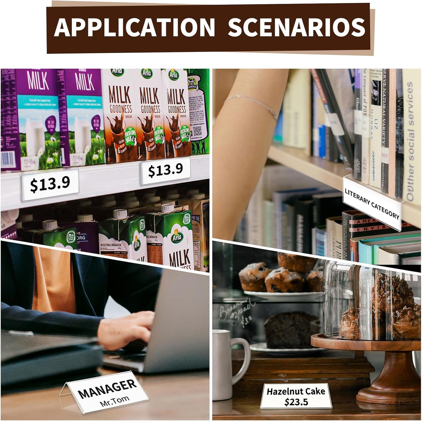 20 Pack Acrylic Rigid Library Shelf Label Holders for School Office Library Book Shelves Tags Shelf Labels with Sticky Dots, Transparent Tabletop Price Sign Stand for Store Bakeries (2x4 in)