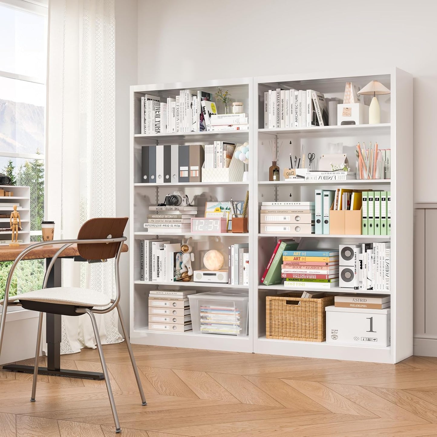 White Metal Bookshelf, 66" Tall Bookcase, Industrial Bookshelves and Bookcases, 5 Shelf Bookcase with Adjustable Shelves, Heavy Duty Book Cases for Office, Home, Library, Living Room, School