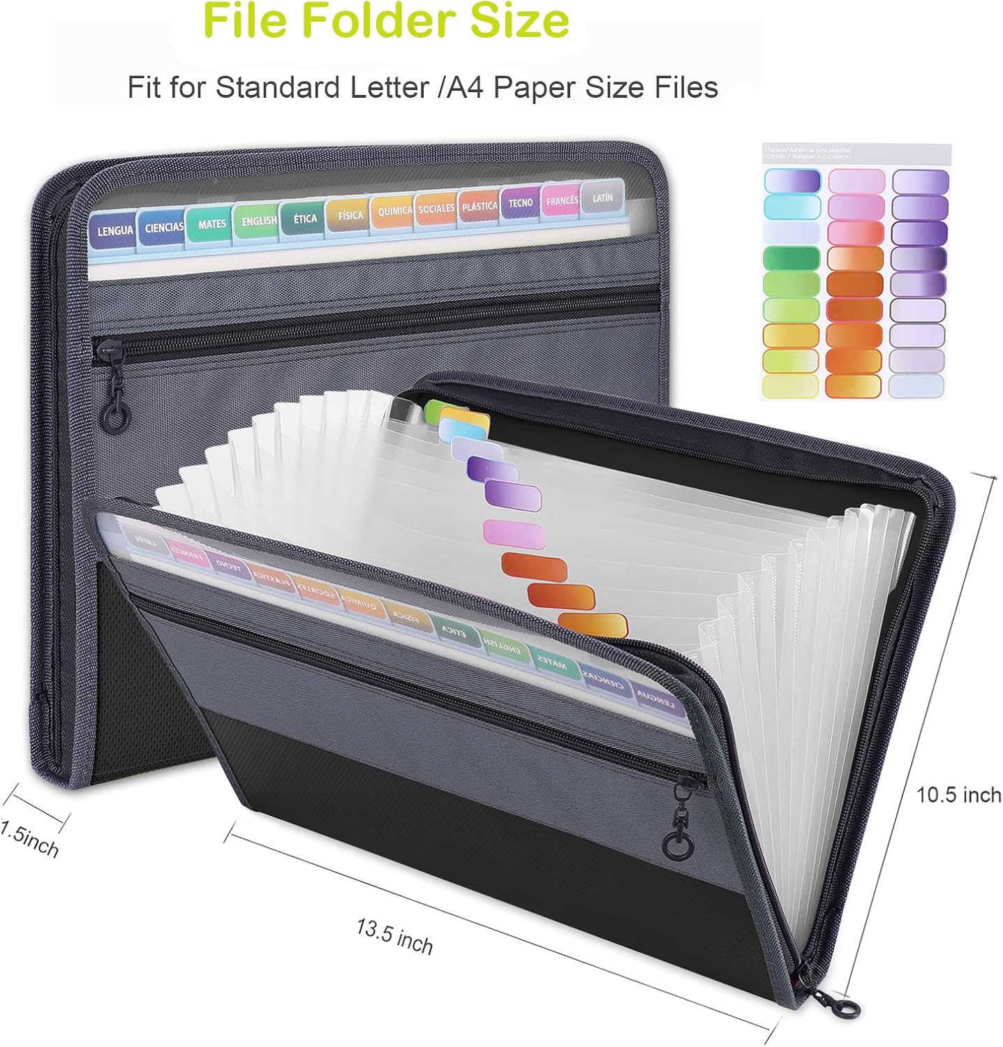 MEGREZ Expanding File Folder with 13 Pockets, 2 Pack A4 Paper File Folder with Zipper Color Labels, Waterproof Accordion File Folder Organizer for Home Office, Pink & Black