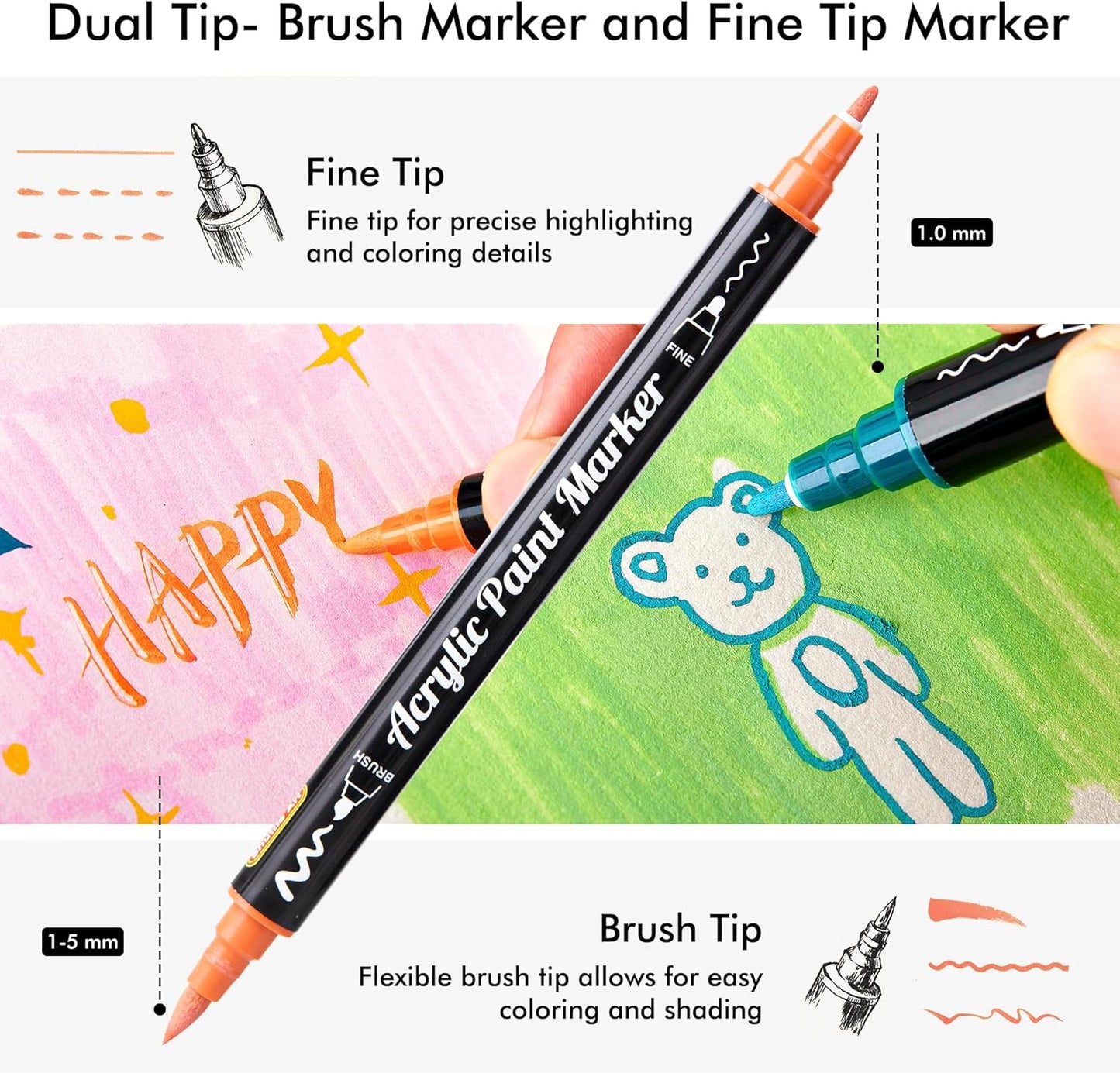 28 Pastel Colors Dual Tip Acrylic Paint Markers, Brush Tip and Fine Tip Acrylic Paint Pens for Rock Painting, Ceramic, Wood, Canvas, Plastic, Glass, Stone, Calligraphy, Card Making, DIY Crafts