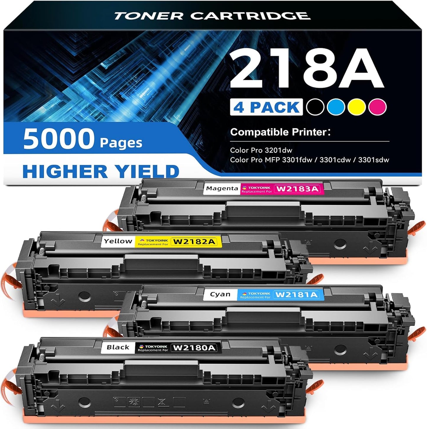 218A 218X High Yield Toner Cartridge 3201dw Toner Replacement for HP 218A 218X Toner Cartridges 4 Pack Work with HP Color Pro MFP 3301fdw 3301cdw 3201dw 3301sdw, 3201 3301 Series Printer Ink NO CHIP