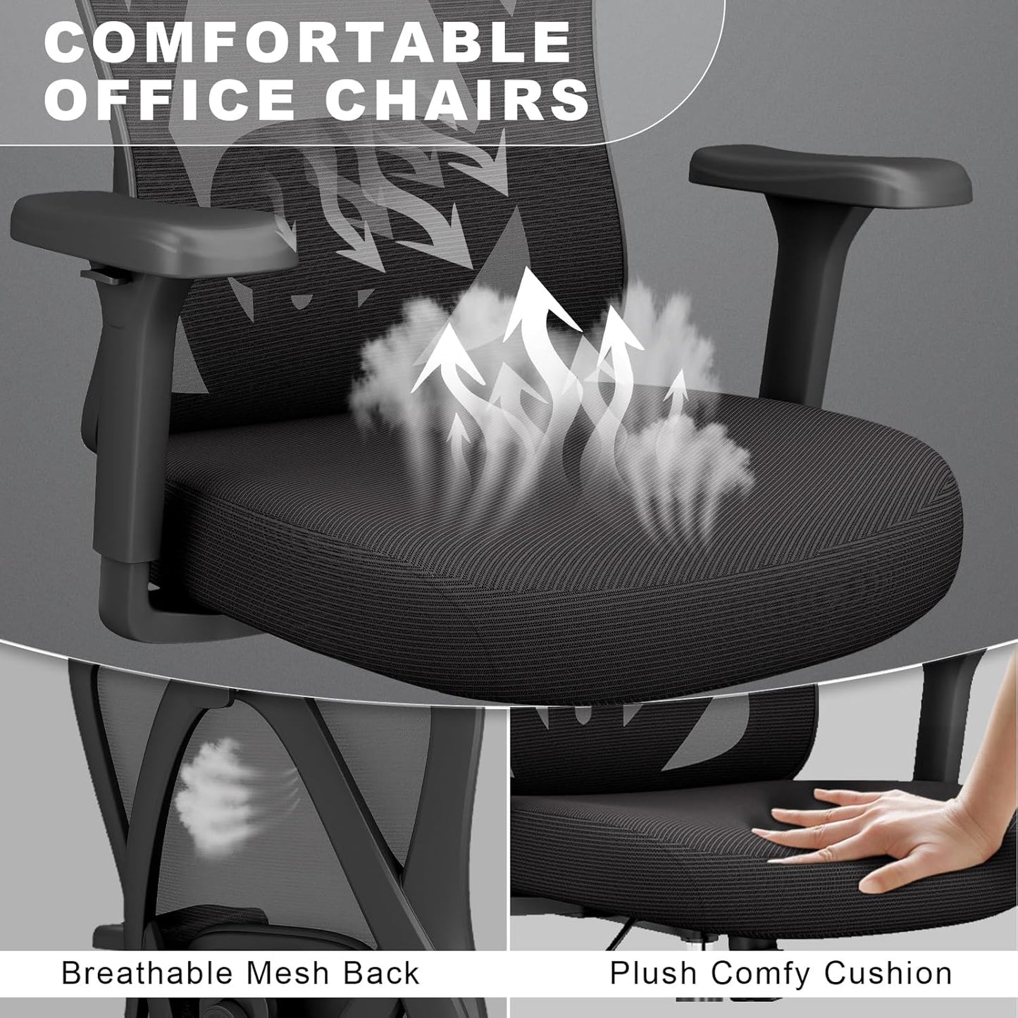 Ergonomic Office Chairs with Adjustable Headrest and Lumbar Support, High Back Mesh Home Computer Desk Chairs with 3D Armrest, 360° Swivel Wheels and Rocking Function, Black