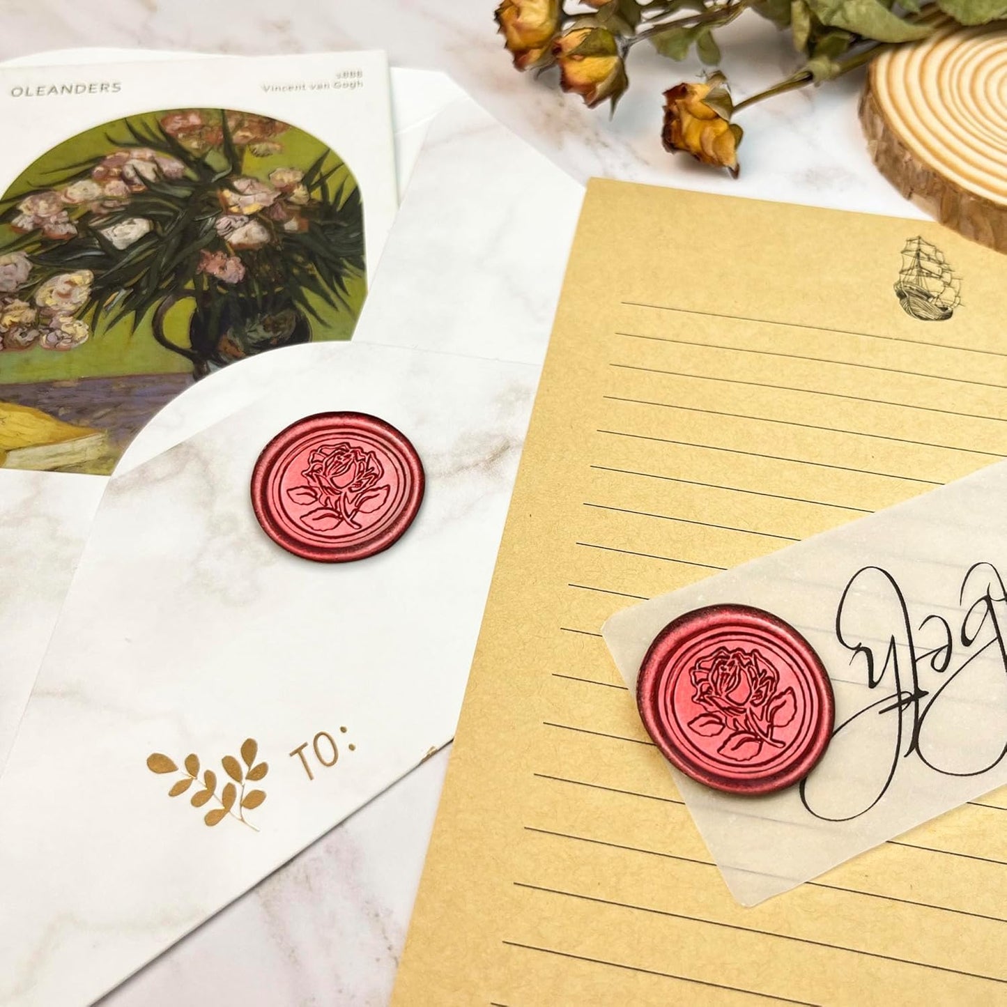 50Pcs Wax Seal Stickers Handmade Envelope Seals Self Adhesive Wax Stickers for Wedding Party Invitations, Envelope, Gift Wrap, Christmas(Rose Style, Red)
