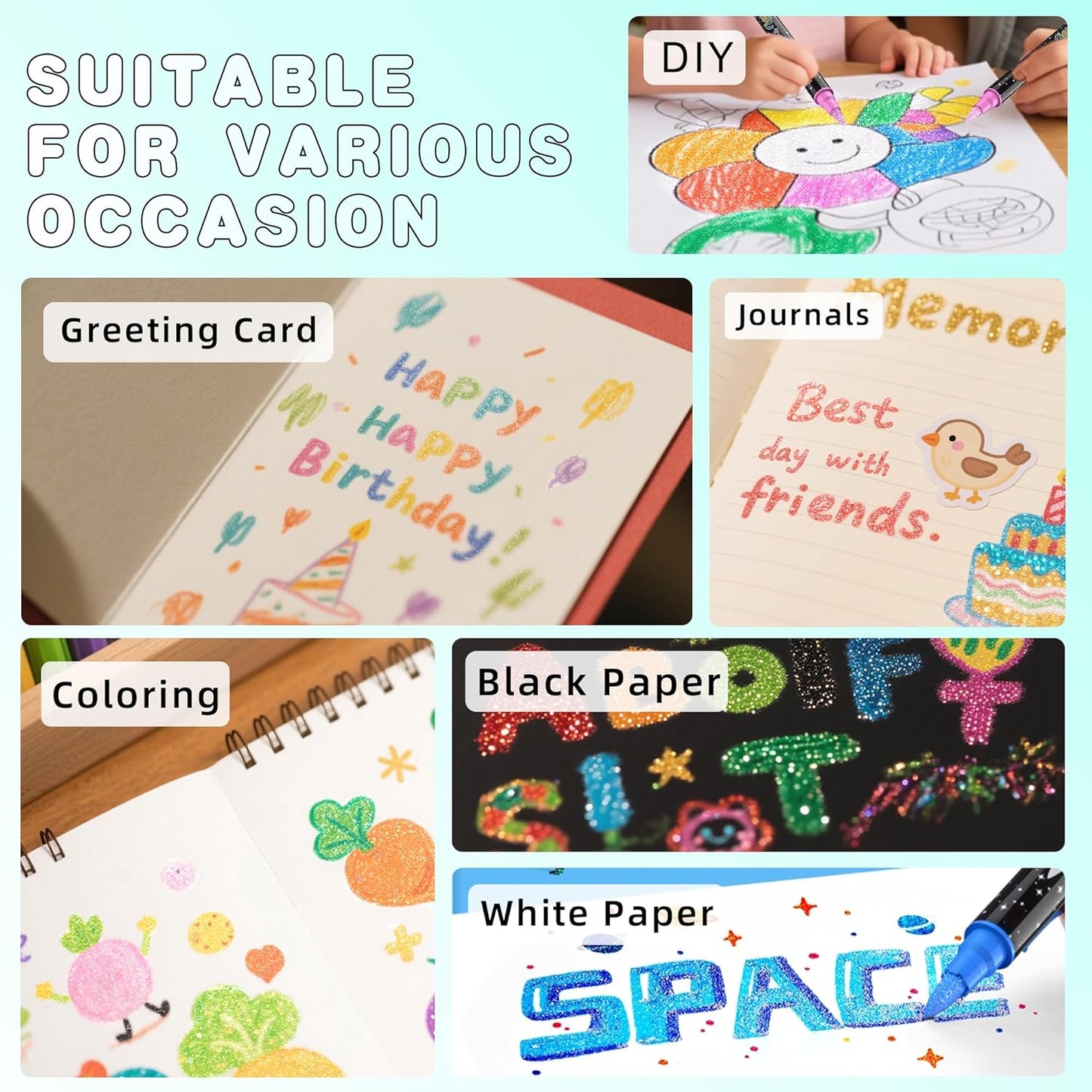 48 Colors Dual-tip Watercolor Markers, 24 Pack Glitter Brush Markers, Water-based Ink Sparkle Pen,Glitter Paint Pens for Adults Coloring,DIY Crafts,Doodle Writing,Art Crafts Gifts