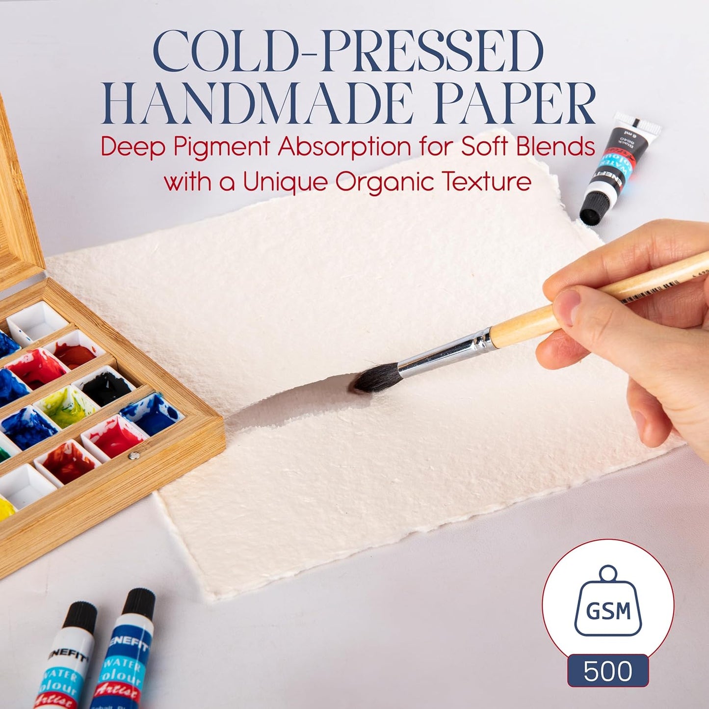 Wanderings Thick Handmade Watercolor Paper with Deckled Edge - 9x12-500GSM Premium Ivory Cold-Pressed Textured Mixed Media Paper Made with Recycled Cotton - 15 Loose Leaf Sheets