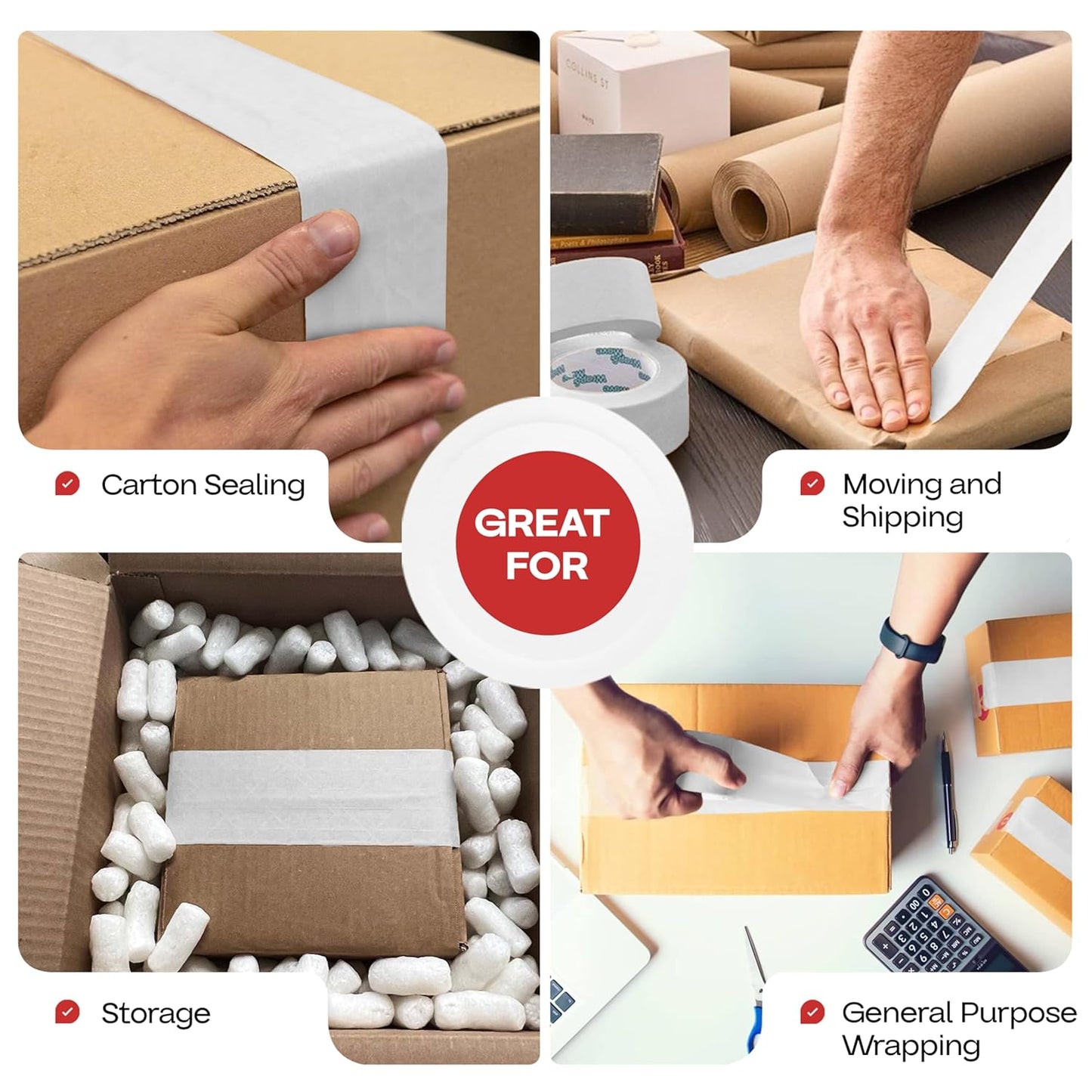 IDL Packaging 2.83" x 450 Feet Reinforced Water-Activated Kraft Gummed Tape 30lb Thickness (Pack of 4) - Secure Paper Packing Tape for Secure Carton Sealing - Heavy-Duty for All Conditions, White