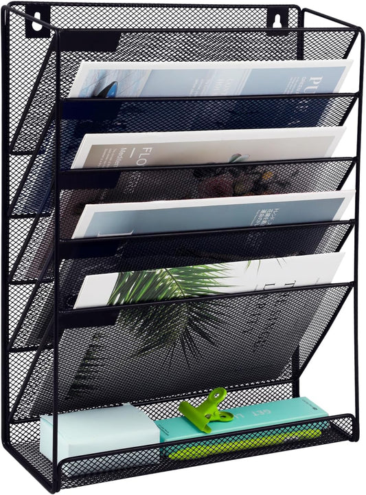 EASEPRES 6 Tier Mesh Hanging Wall File Organizer, Desk Mail Paper Document Folder Holder, Clipboard Storage Organization Magazine Rack with Bottom Tray and Nametag Label for Office Home School, Black