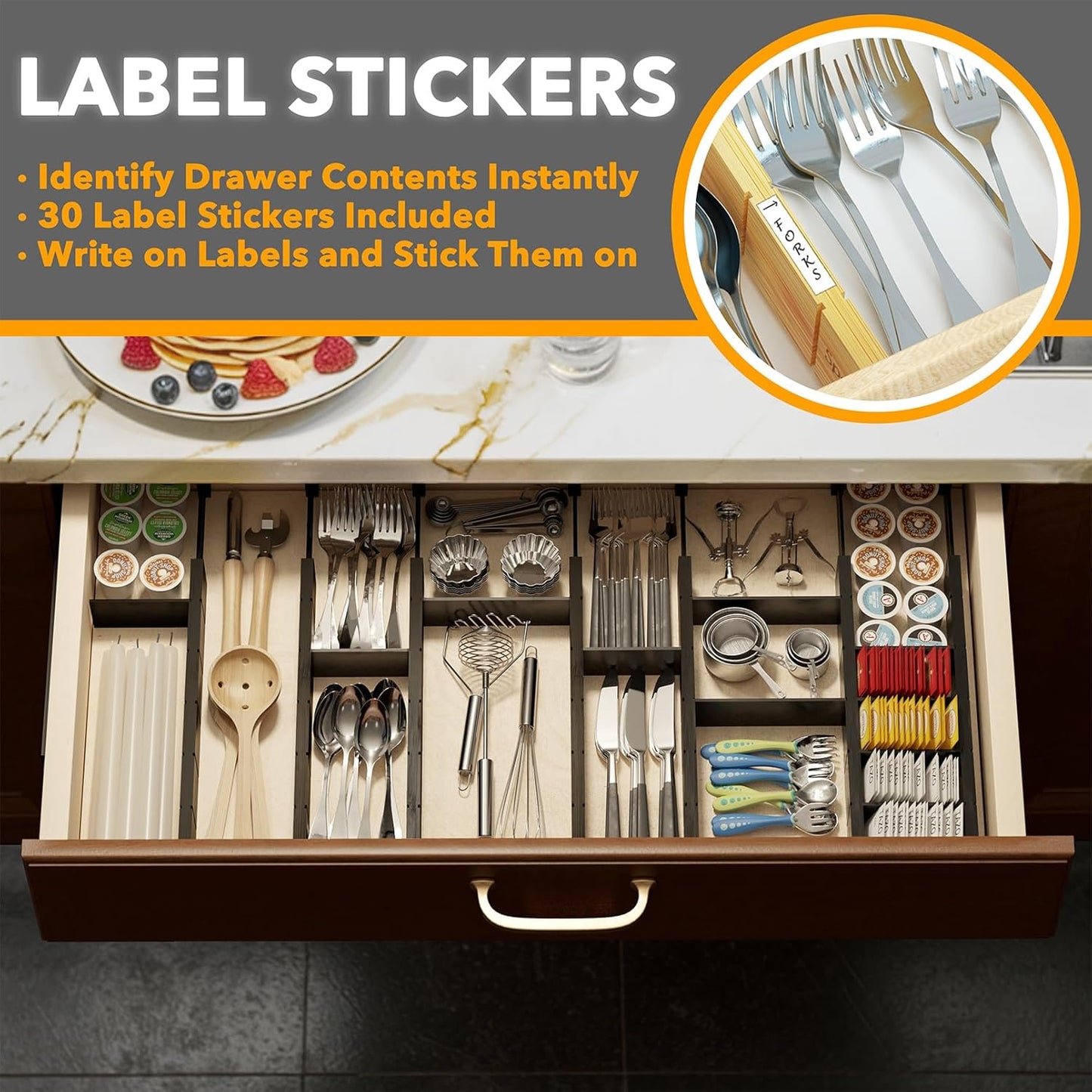 SpaceAid Bamboo Drawer Dividers with Inserts and Labels, Kitchen Adjustable Drawer Organizers, Expandable Organization for Home, Office, Dressers, 7 Dividers with 15 Inserts (17"-22" Black)