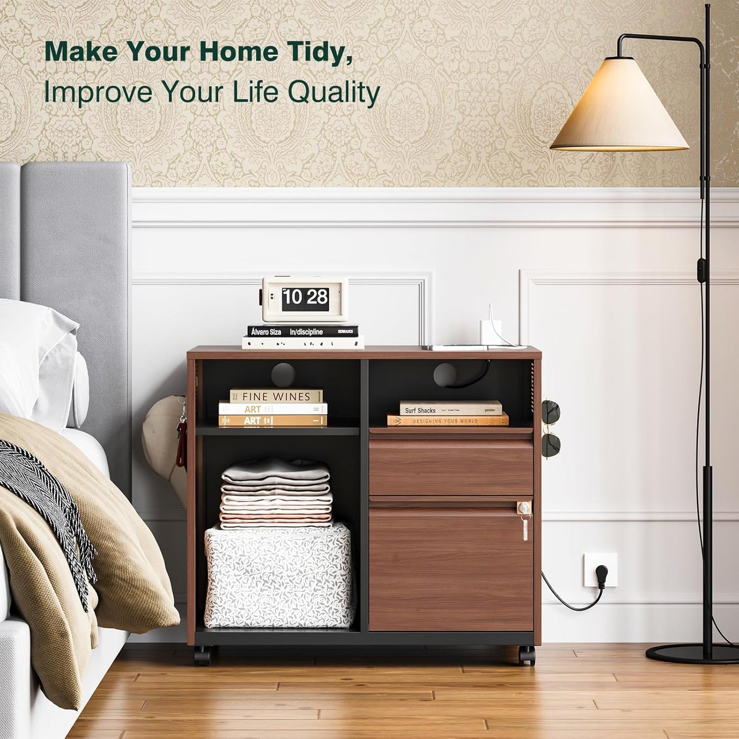 Mobile 2 Drawer File Cabinet,Metal File Cabinet with Lock，Lateral Printer Stand Filling Storage Cabinet for Home Office-A4/F4/Letter(Charging Socket)