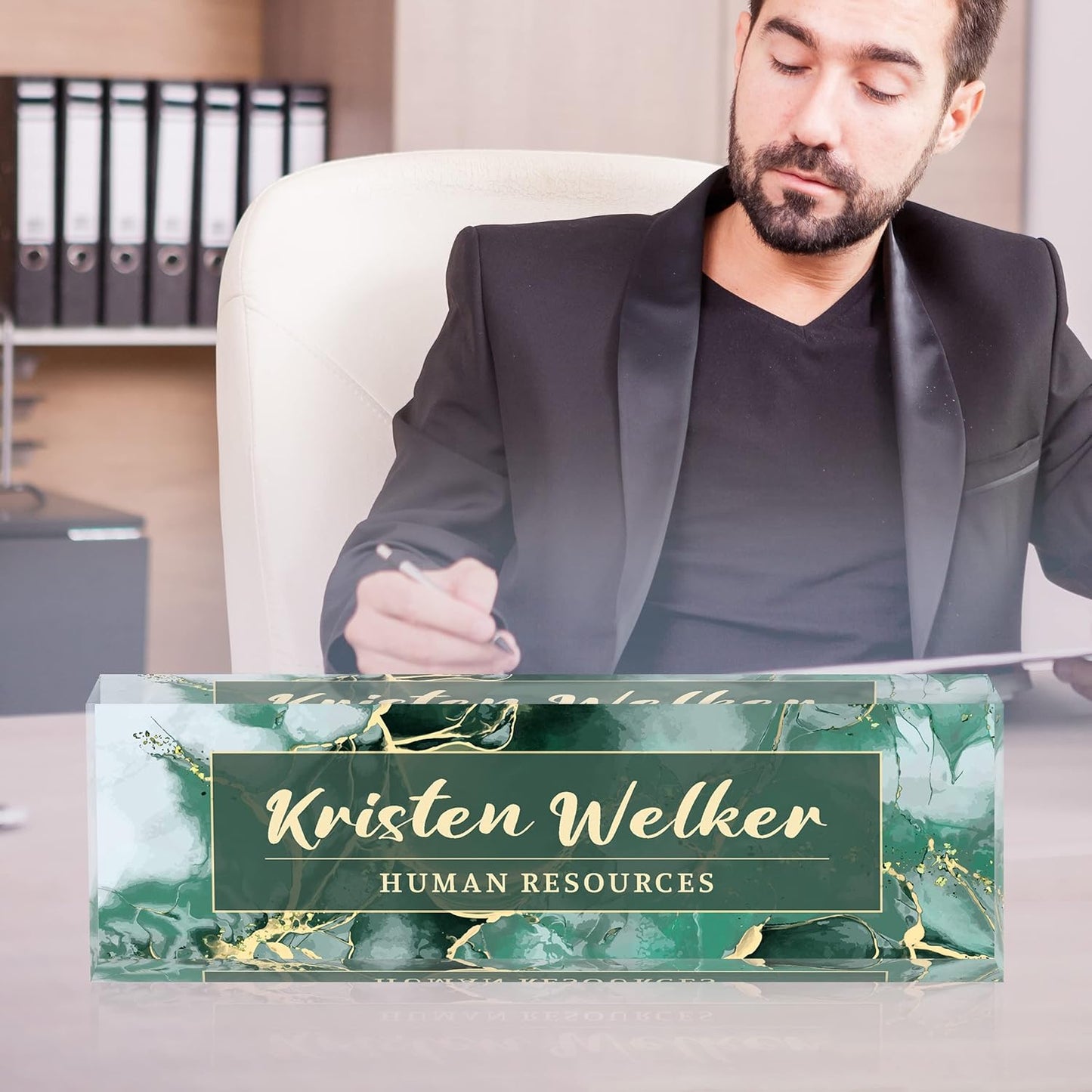 Office Desk Name Plate Personalized, Custom Name Plates for Desks, Name Plate Personalized for Office, Employee Appreciation Gifts (Green Marble2)
