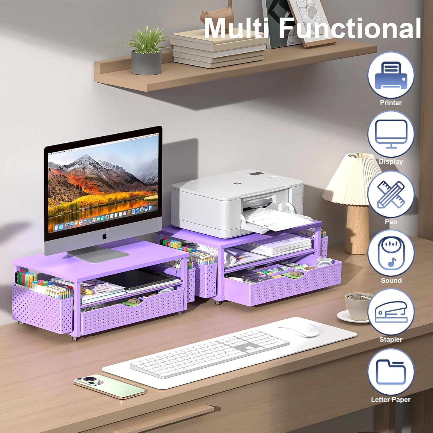 Desk Organizer and Accessories, Computer Monitor Stand Riser with Drawer and 2 Pen Holders, Office Desk Accessories & Workspace Organizers for Office Supplies (Purple)