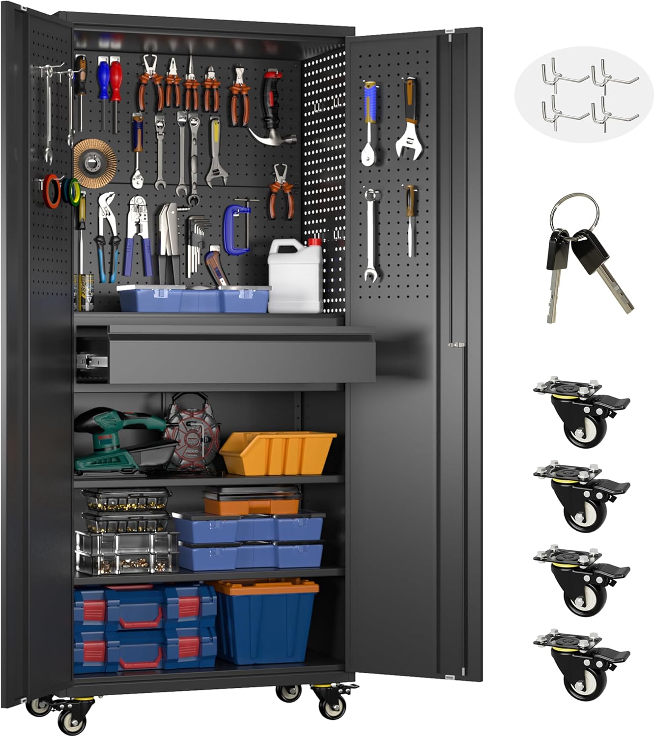 Aobabo Garage Storage Cabinet with Wheels, Metal Tool Storage Cabinet with 1 Drawer for Home,Assembly Required,Black