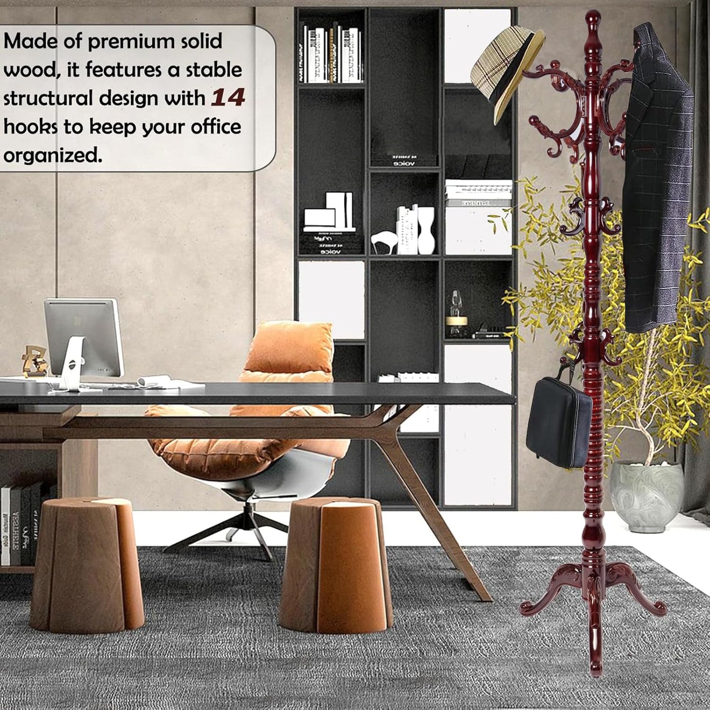 Coat Racks Free Standing with 14 Hooks, Natural Wood Coat Stands for Entryway, Adjustable Height 73 in Tree Coat Rack Stand for Hallway Home Office Bedroom (Mahogany triangle)