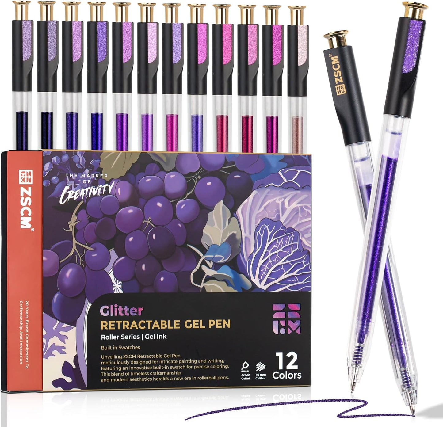 Retractable Glitter Gel Pens, 12 Colors Large Capacity Purple Glitter Metallic Gel Ink Pens, 1 mm Fine Point Smooth Writing Color Pens for Adult Coloring Book Note Taking Aesthetic Art Supplies
