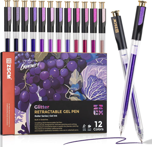Retractable Glitter Gel Pens, 12 Colors Large Capacity Purple Glitter Metallic Gel Ink Pens, 1 mm Fine Point Smooth Writing Color Pens for Adult Coloring Book Note Taking Aesthetic Art Supplies