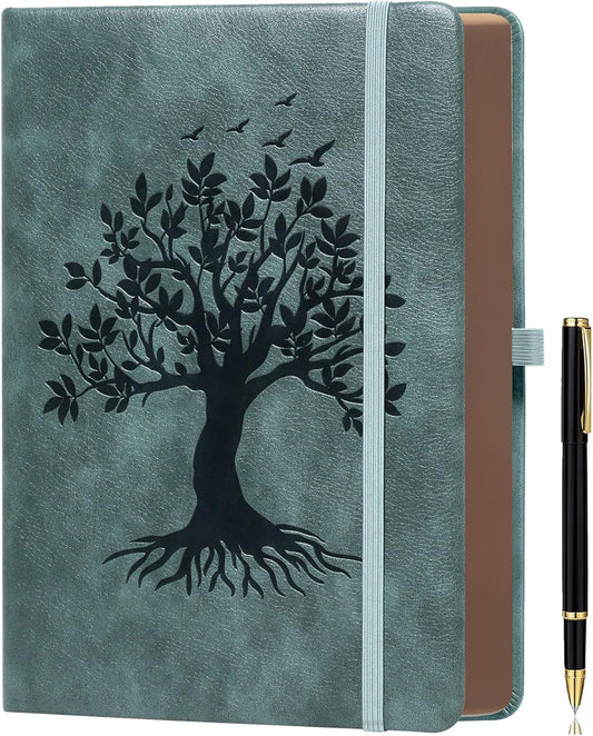 ZXHQ A5 360 Pages Lined Journaling Notebooks with Pen, Journals for Women Men, Tree of Life Design, Fine Inner Pocket - Grey
