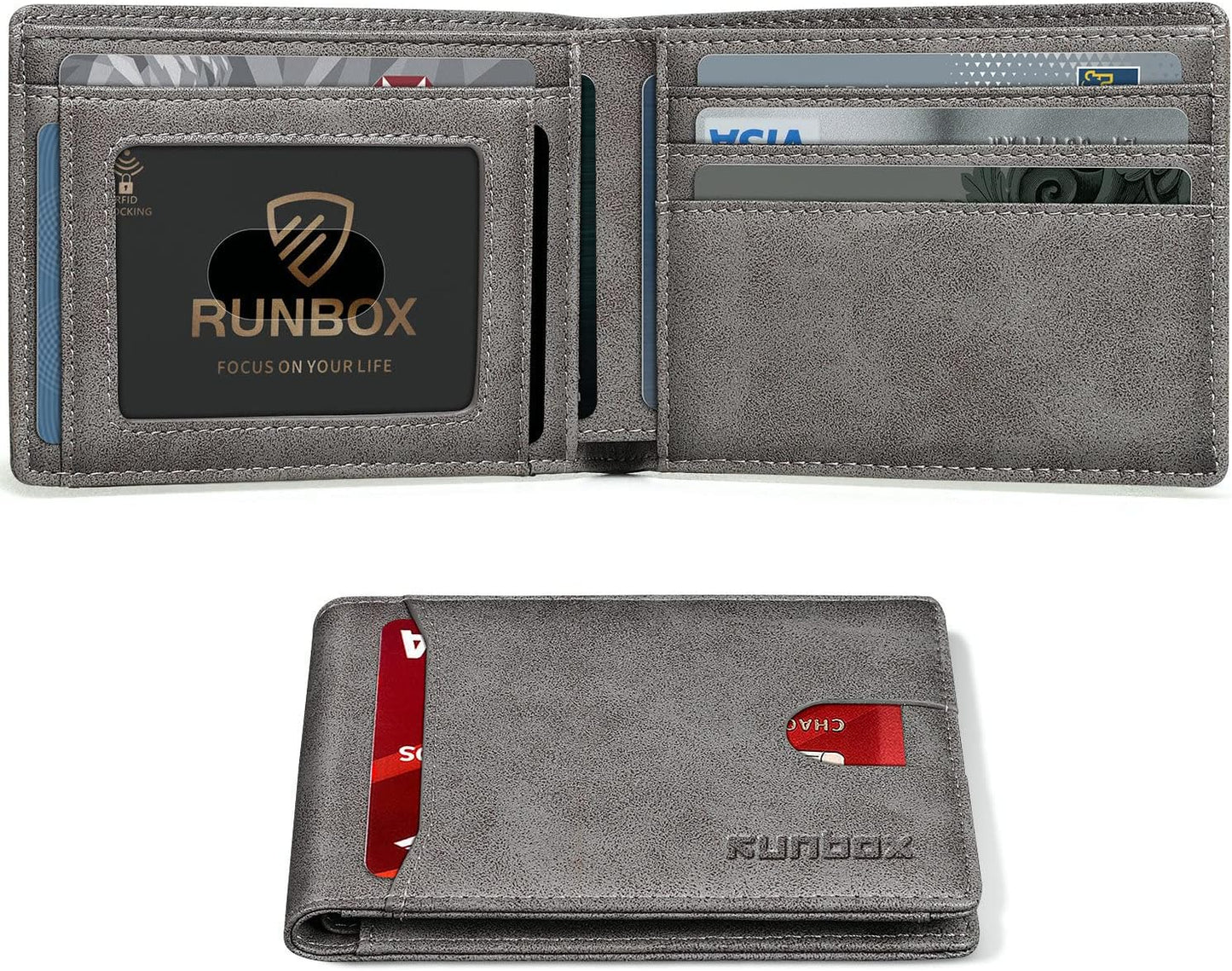 RUNBOX Novelty Wallet for Men Slim 11 Credit Card Holder Slots Leather RFID Blocking Small Thin Men's Wallet Bifold Minimalist Front Pocket Large Capacity Gift Box