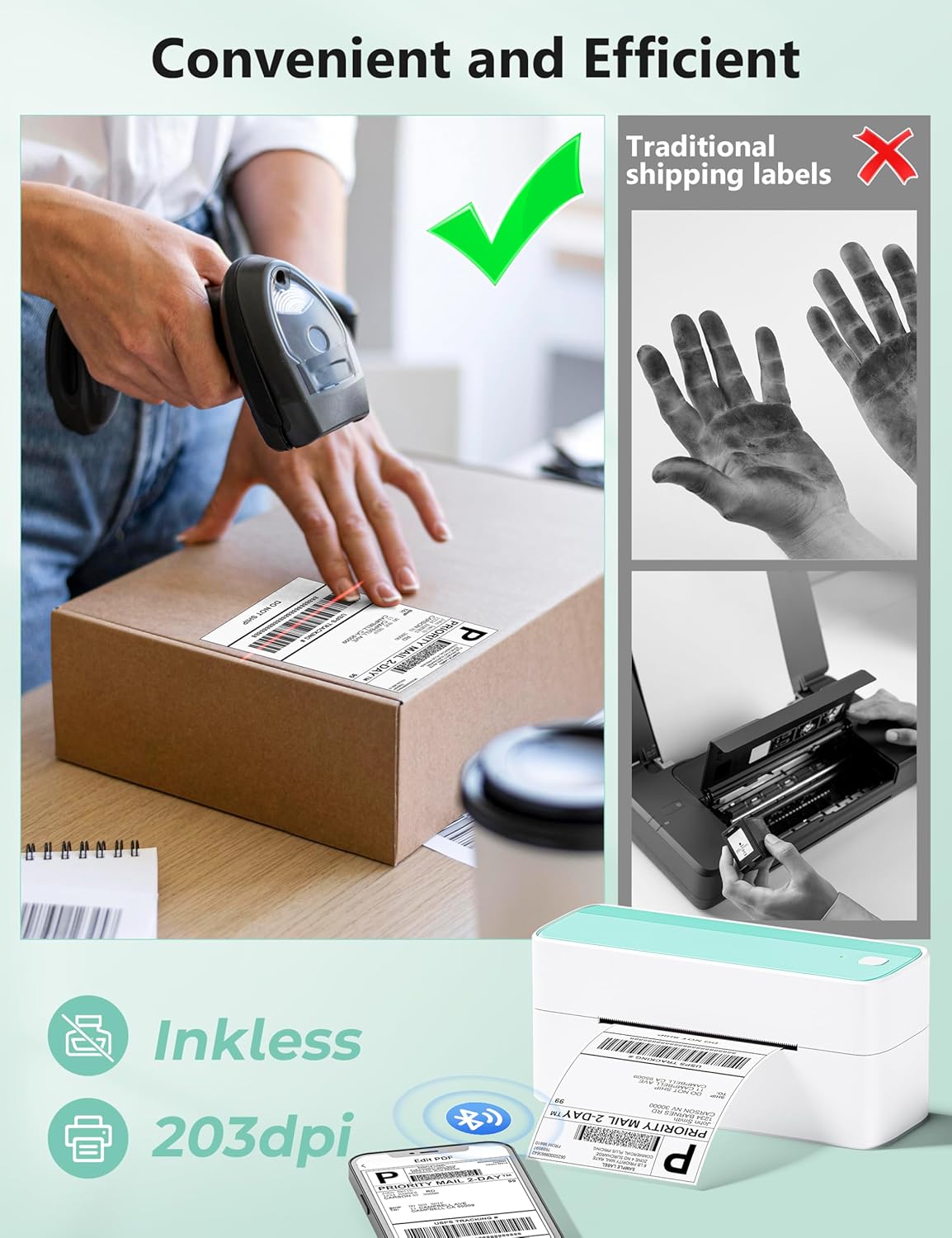 Phomemo Bluetooth Thermal Shipping Label Printer, 241BT Wireless Thermal Label Printer for Shipping Packages, Inkless Thermal Shipping Label Printer, Compatible with iPhone, Android, Green