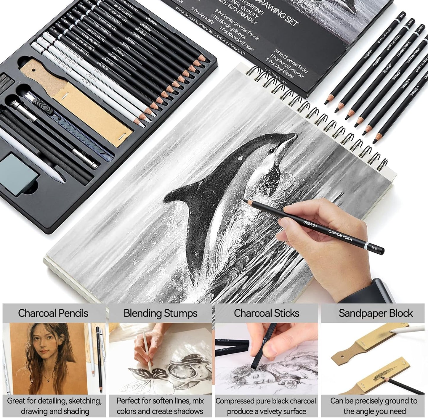 PANDAFLY Charcoal Pencils Drawing Set, 24 Piece Black & White Charcoal Pencils for Drawing, Sketching, Shading, Blending, Artist Pencils for Kid, Beginners & Pro Artists
