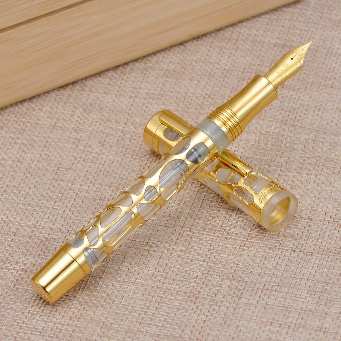 Asvine V169 Vacuum Filling Fountain Pen Medium Nib, Water Drop Skeleton Gold Trim Transparent Clear Acrylic Pen Case Set