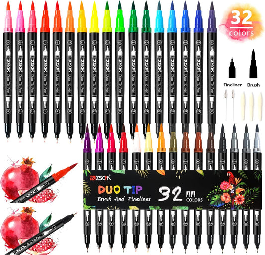 ZSCM 32 Colors Duo Tip Brush Markers Art Pen Set, Artist Fine and Brush Tip Colored Pens, for Adult Coloring Books Christmas Cards Drawing, Note taking Lettering Calligraphy Journaling