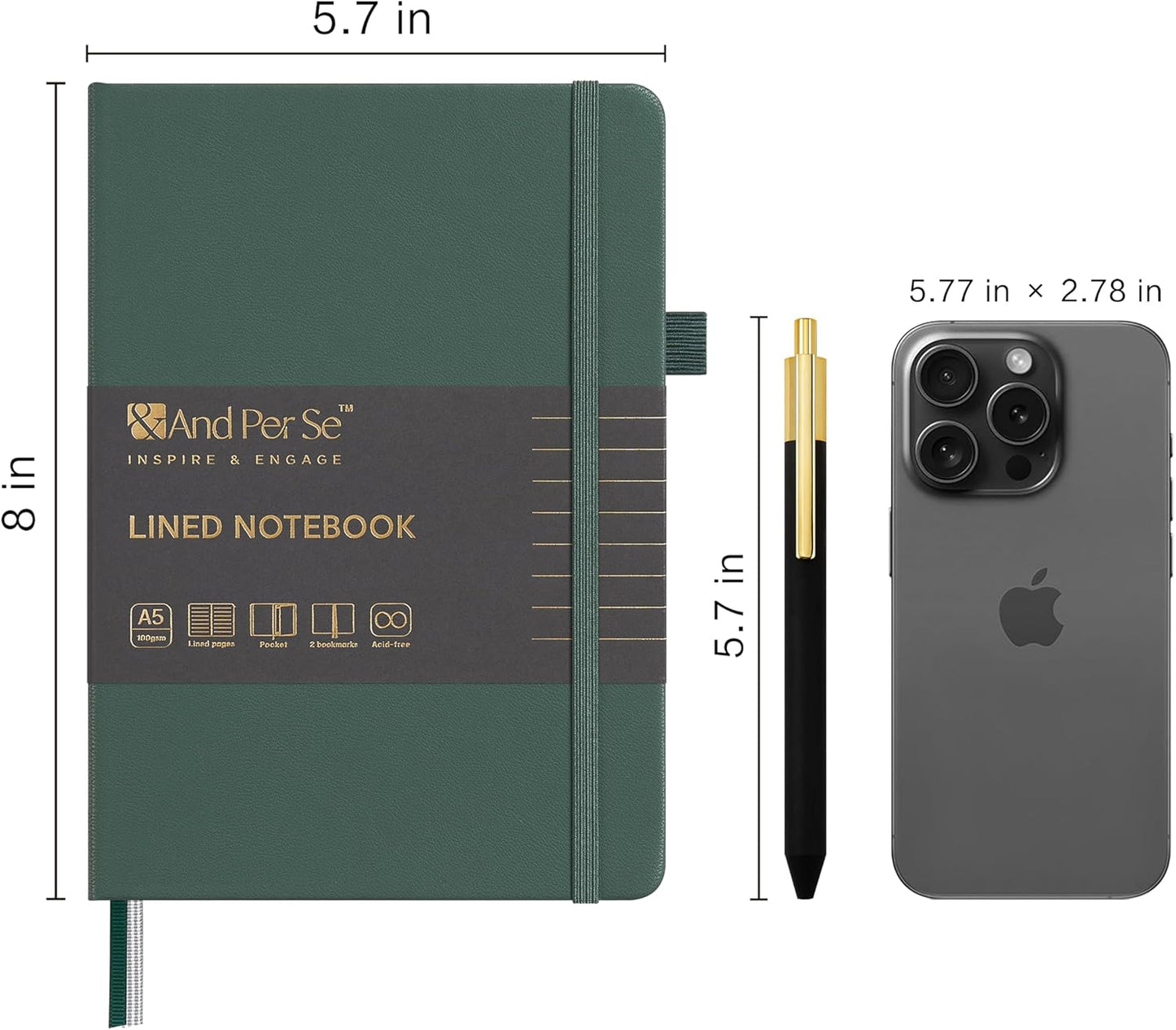 A5 Lined Leather Journal and Pen Set, Hardcover Notebook with Pen, 160 Pages 100gsm Thick Ruled Paper for Men Women, for Work, Business, School or Home Writing, 5.7'' x 8'' (Green-Set1)