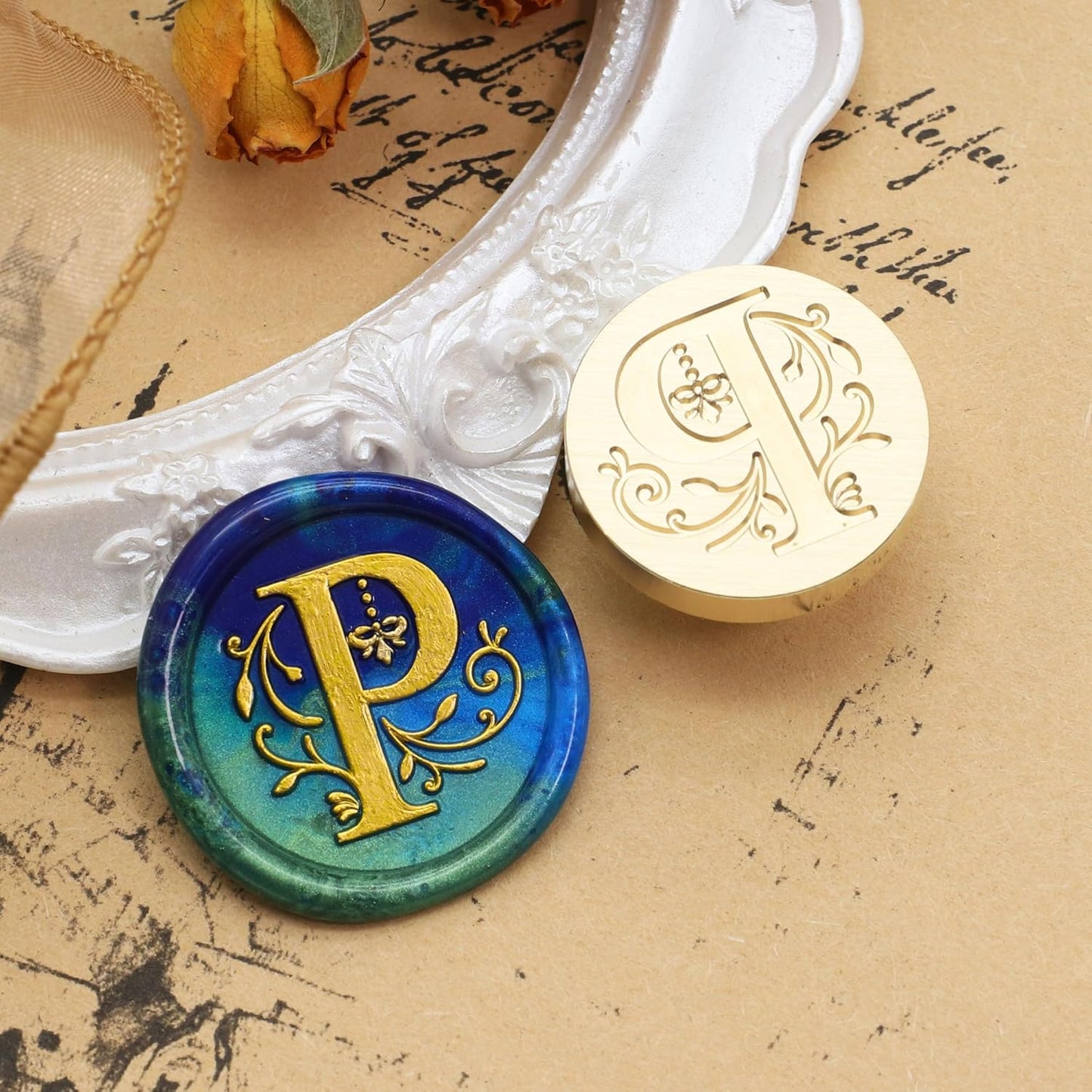 SWANGSA Initial Alphabet P Wax Seal Stamp Kit, Classic Retro Letter Sealing Stamp with 200pcs Sealing Wax Beads Kit for Wedding Invitations Cards Envelopes (P)