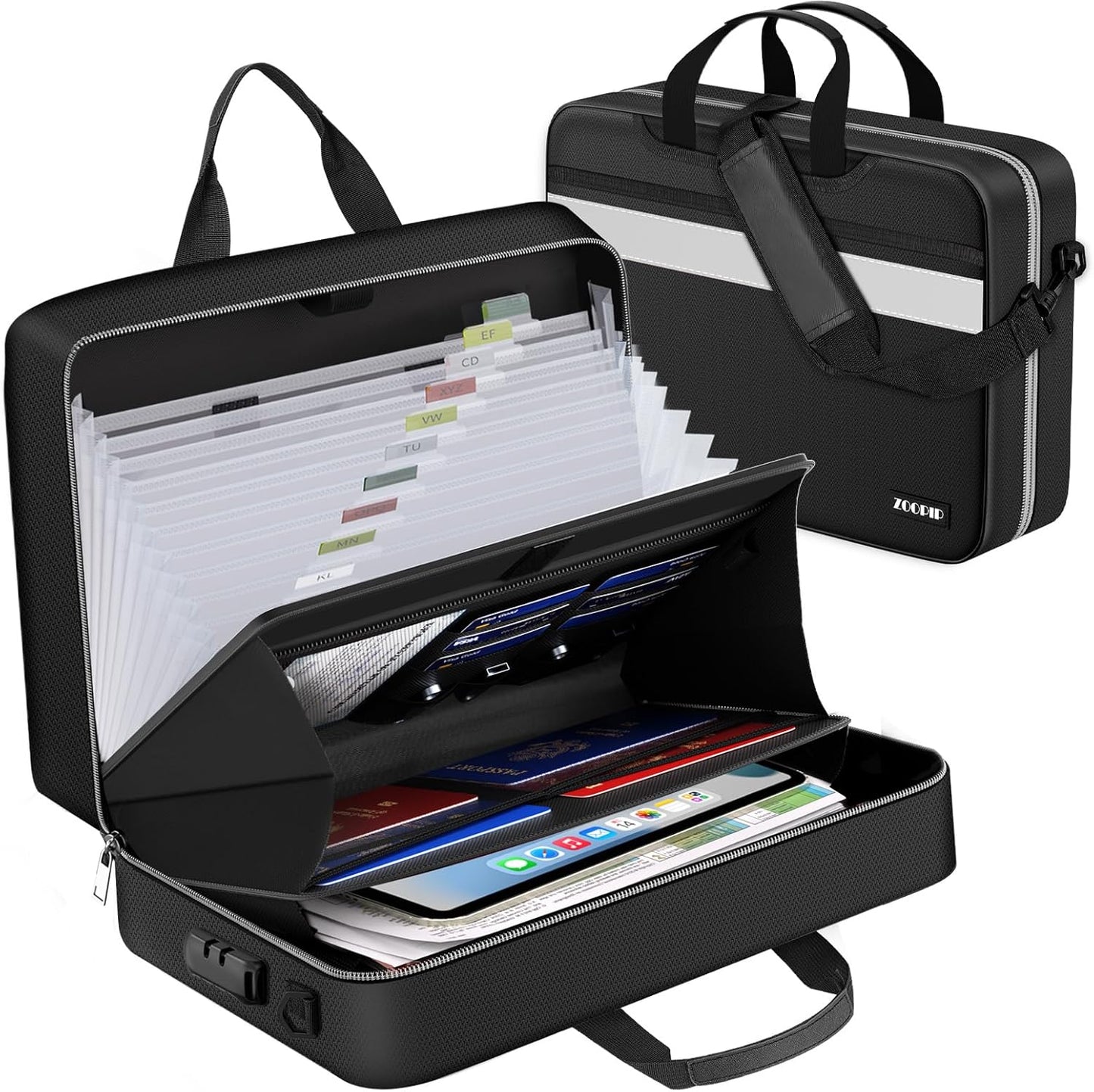 Accordion File Organizer with Lock,Fireproof Document Organizer Bag with Shoulder Strap,Large 13 Pocket Expanding File Folder,Portable Safe Storage for Letter/Legal Size-White Reflective Strip