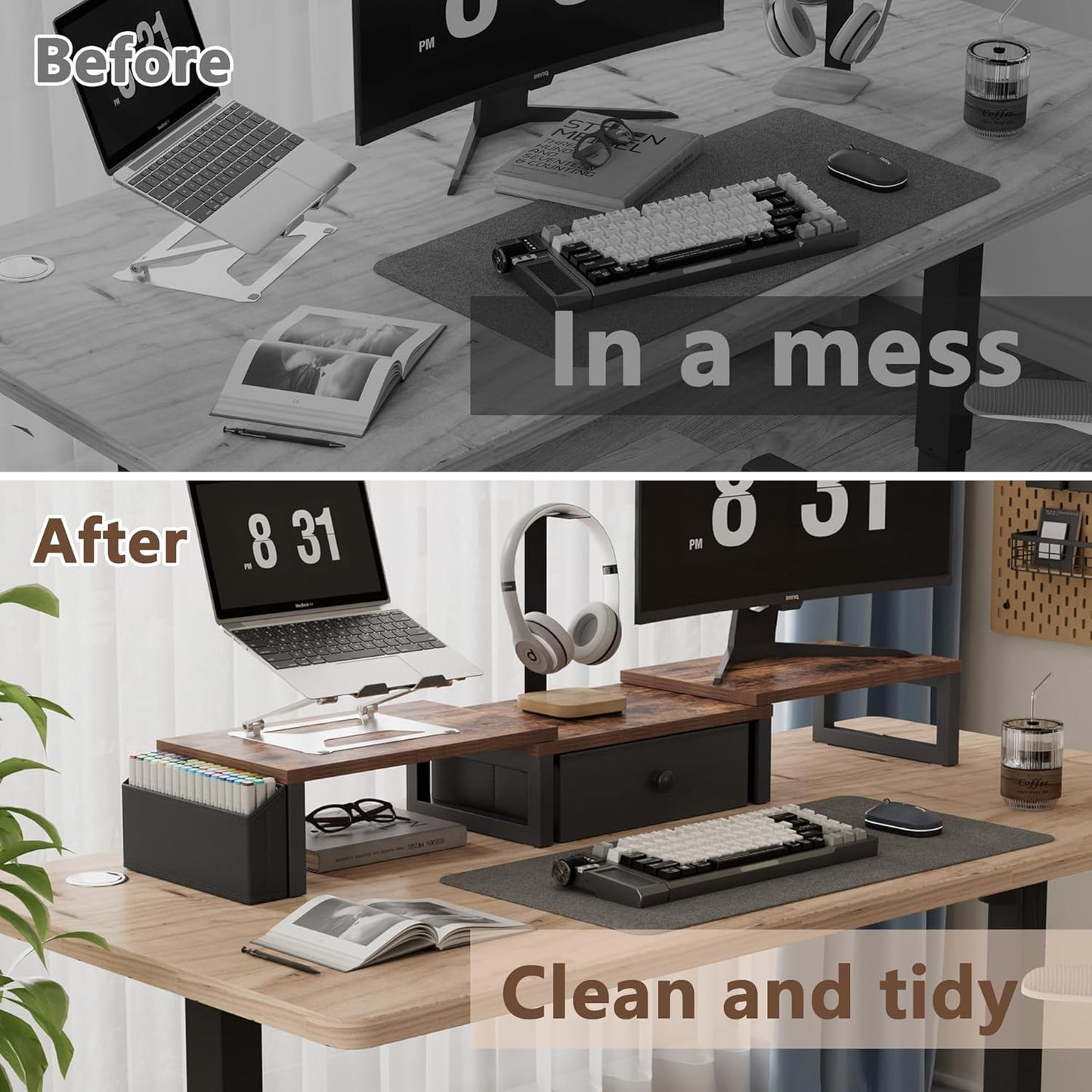 LAND·VOI Heavy Duty Dual Monitor Stand, Holds 2 Screens Up to 27 Inches, Adjustable Length and Angle Monitor Riser, Desk Organizer with Side Pockets and Drawers, Home Office Desk Storage, Rustic Brown