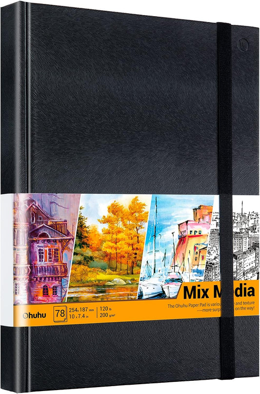 Ohuhu Mix Media Pad - 10"x7.4" Mixed Media Art Sketchbook, 120 lb/200 gsm Heavyweight Papers, 78 Sheets/156 Pages, PU Hardcover Mixed Media Paper Pad for Acrylic Painting Christmas Gift