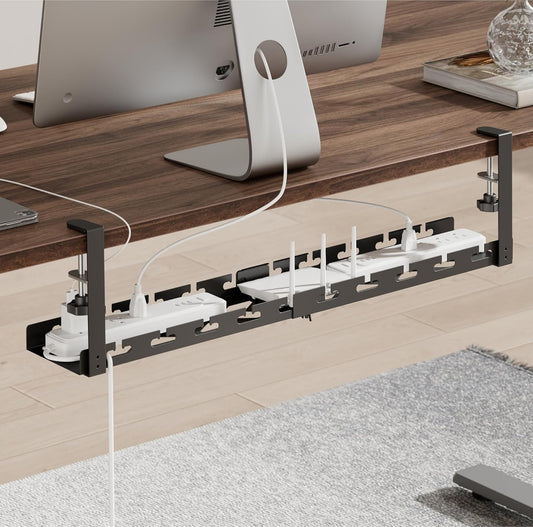 ARES WING 17"-28.7" Extendable Under Desk Cable Management Tray with Cable Slots, Clamp On Cord Organizer Holds Up to 11 lbs, Black Metal Under Desk Storage for Office and Gaming Accessories