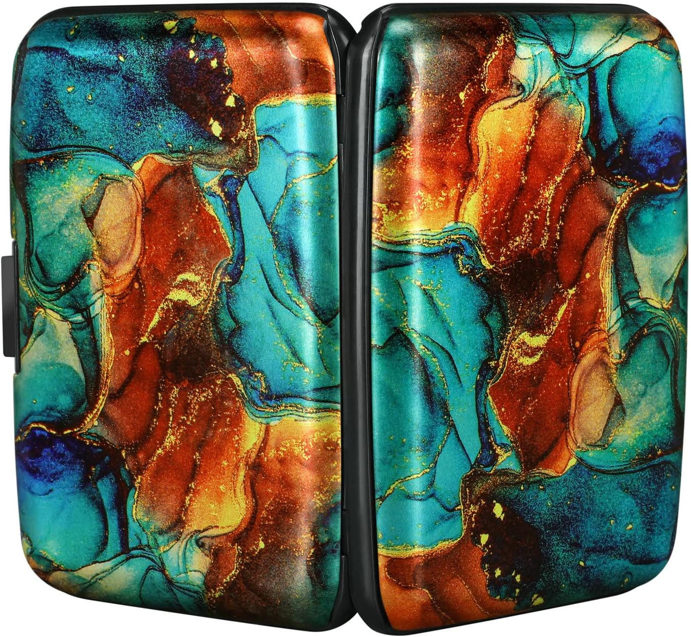 ELFISH Mini RFID Aluminum Wallet Credit Cards Holder Business Card Case Metal ID Case for Men Women（Blue Brown Marble