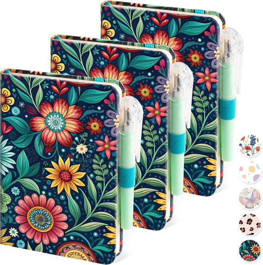 3 Pack Pocket Journal Notebook, Aesthetic Mini Small Notebook with Pen, Floral Print Cover, A6 (3.7" x 5.7"), 100GSM Lined Paper, Notepad for Girls/Kids/Women Note Taking Writing