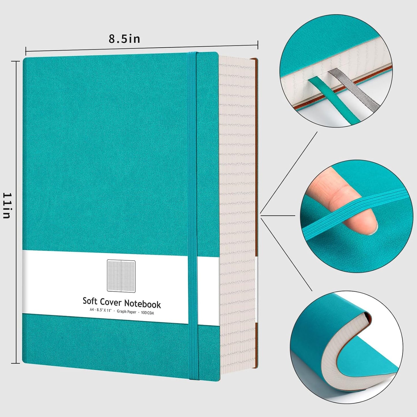 AHGXG Graph Paper Notebook - Grid Paper Notebook Large A4 8.5''×11'', 320 Pages Thick Journal, 100gsm Thick Graph Paper, Leather Softcover, Inner Pocket - Cyan