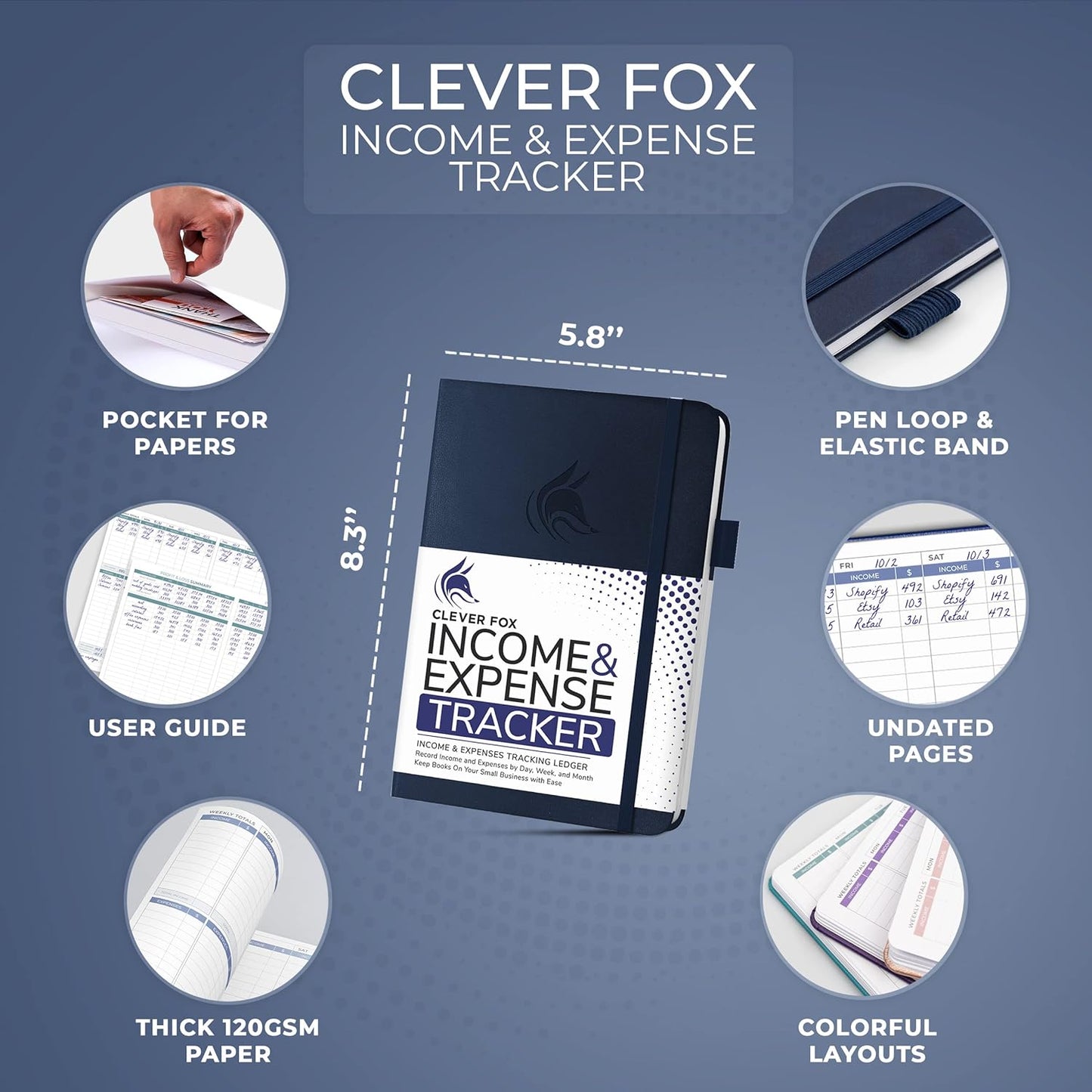Clever Fox Income & Expense Tracker – Accounting & Bookkeeping Ledger Book for Small Business – 1-Year Record Notebook, A5 (Dark Blue)