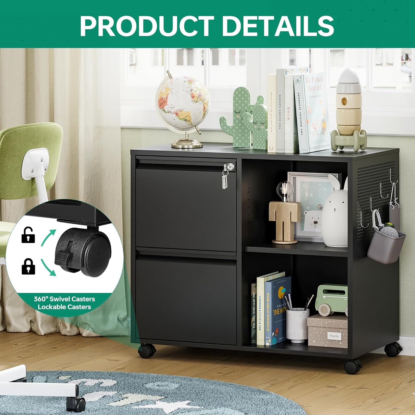 Letaya Mobile File Cabinet, Metal Lateral Rolling Printer Stand Filing Cabinets with Shelves for Home Office-Storage A4/F4/Letter (Black)