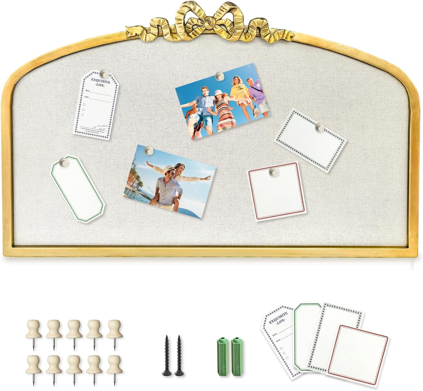 Vintage Arched Linen Cork Board with Gold Bowknot – Decorative Bulletin Board for Walls, Iron Frame Pin Board for Notes, Photos & Reminders, Elegant Vision Board for Home & Office 24"x 15"