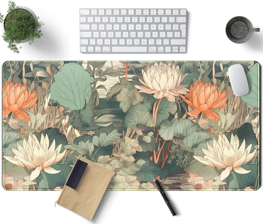 Light Emerald and Orange Floral Desk Mat, XXL Large Extended Mouse Pad Gaming Desk Pad, Aesthetic Asian Lotus Flower Big Laptop Keyboard and Mouse Mat for Women Desktop Office Decor 31.5x15.7 in