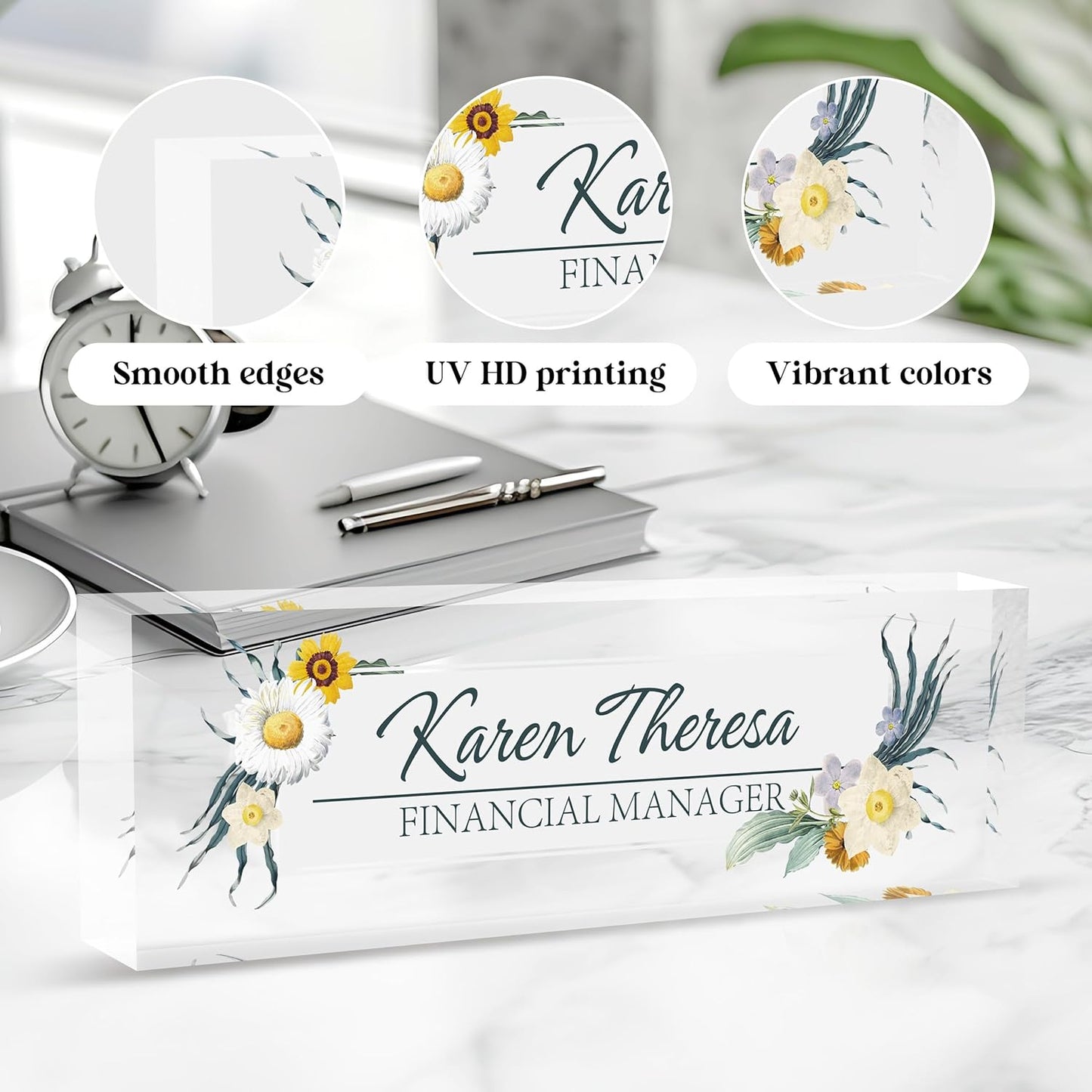 Custom Office Name Plate, Personalized Gifts for Women & Employees, Office Desk Accessory (Little Daisy)