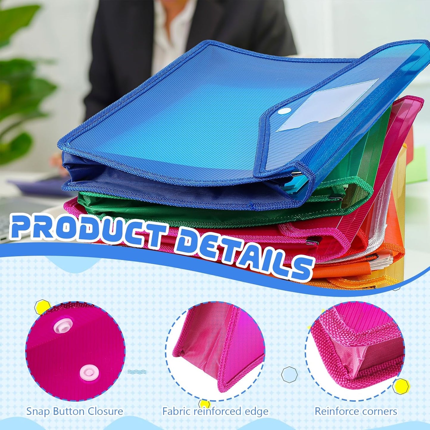 4 Pack A4 Expanding Plastic File Folders Waterproof Document Organizer with Snap Button Multiple Pockets, Office Home Office Storage (Rose Red)