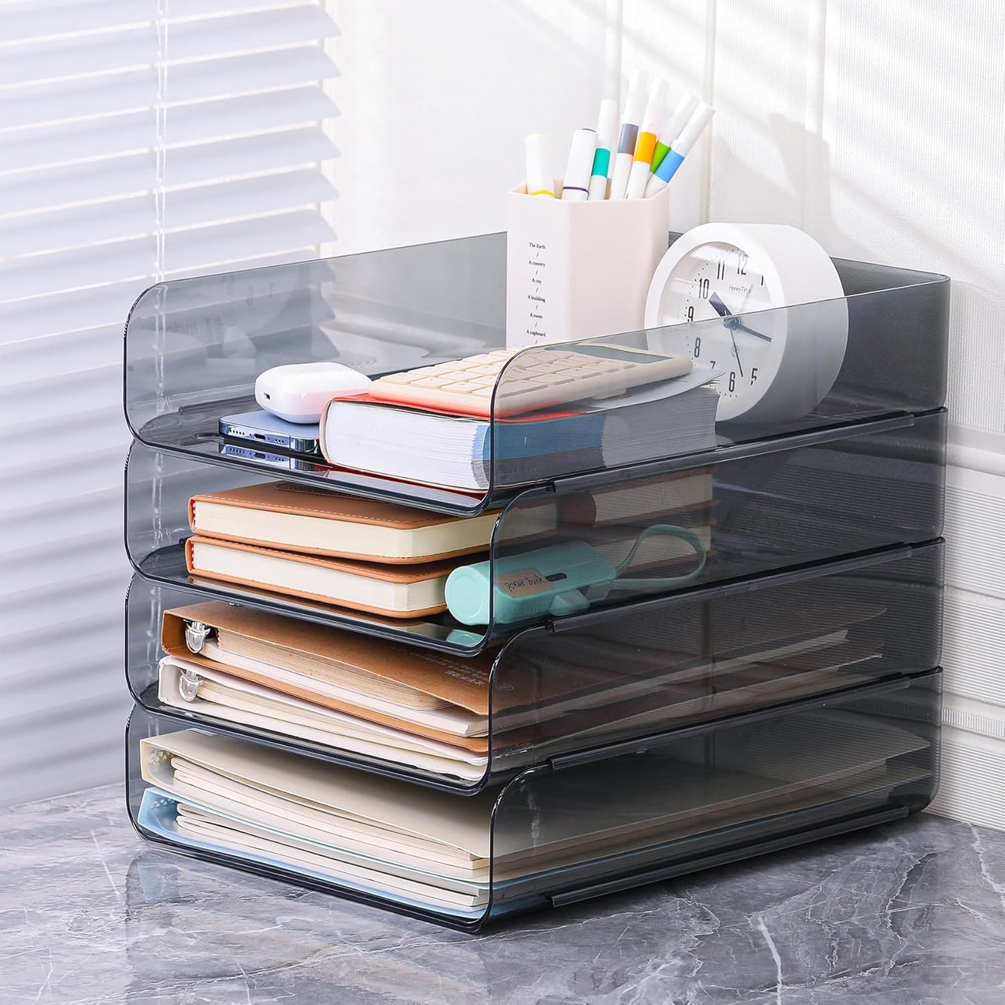 4 Pack Stackable Paper Tray, Clear File Organizer Letter Tray for Desk, Office Organizer and Storage for Desk Accessories, Notes, Books, File Paper, Document, Black