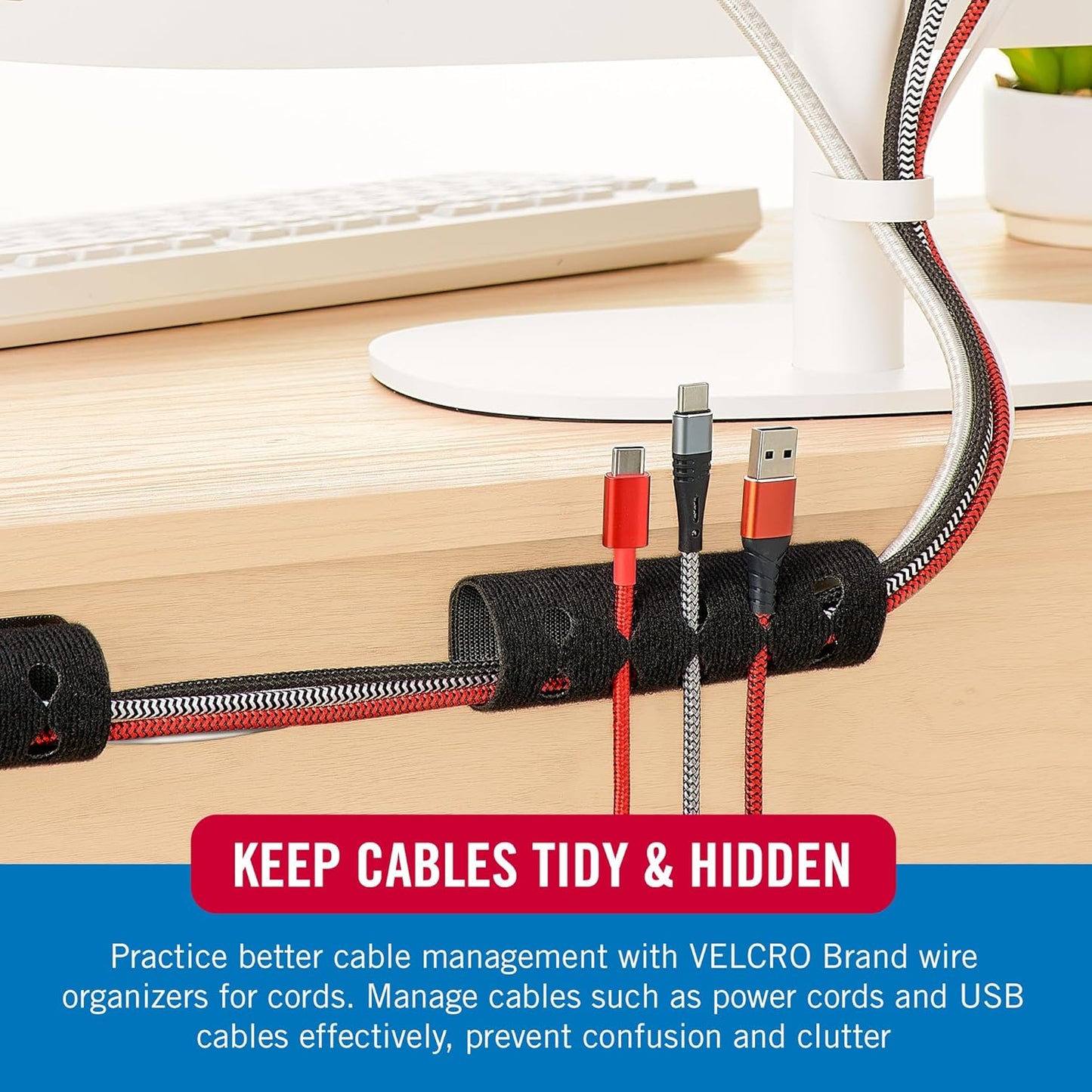 VELCRO Brand Cord Organizer for Desk Cable Management, Nightstand Organization, Unique Dual Function Cable Sleeve Cord Keepers Combo, Holds Wires for Easy Access, Route to Hide, Medium 2pk Black