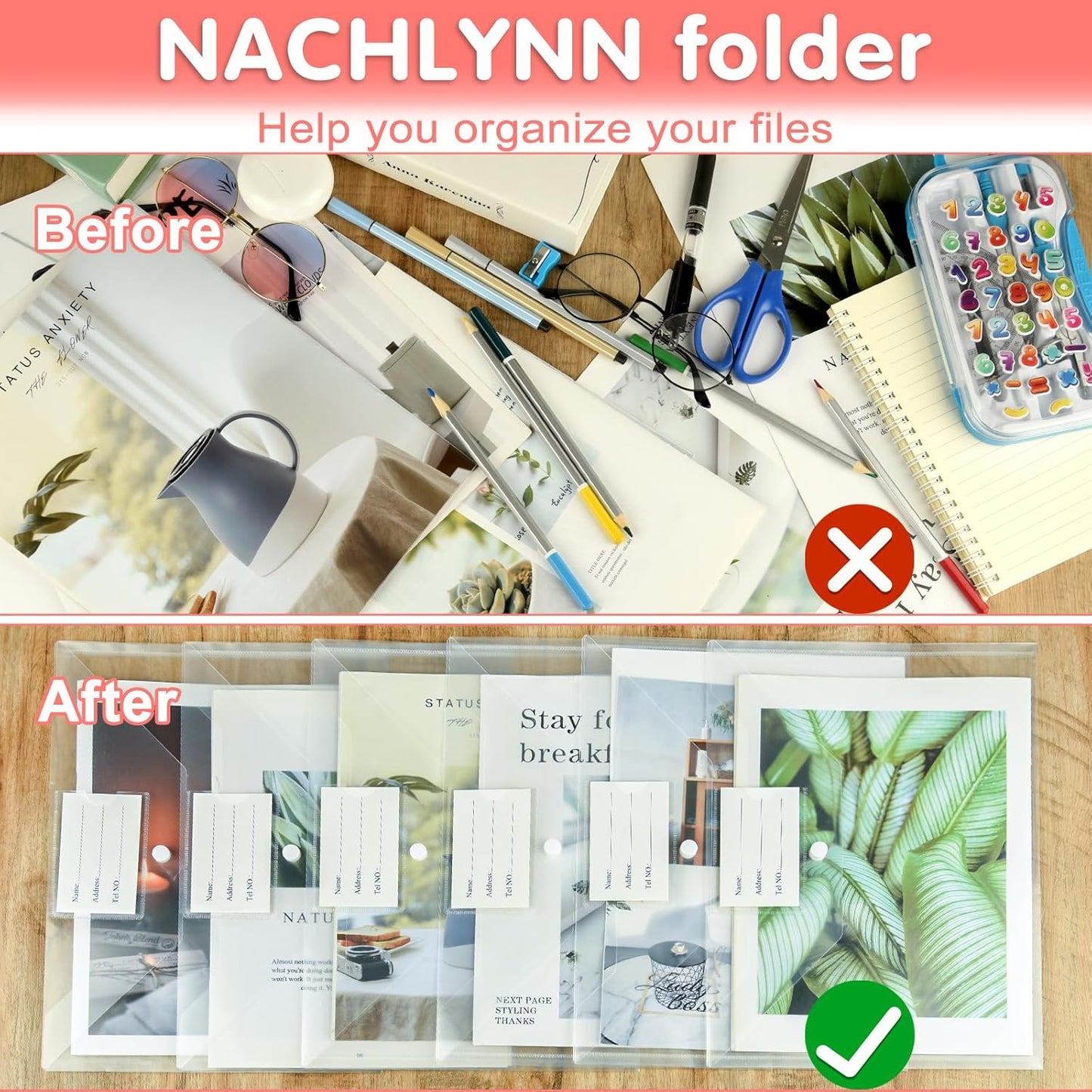NACHLYNN 108 Pack Plastic Envelopes Plastic Folders with Snap Closure, A4 Size Clear File Envelopes with Label Documents Folders Organizers for Home Work Office Organization