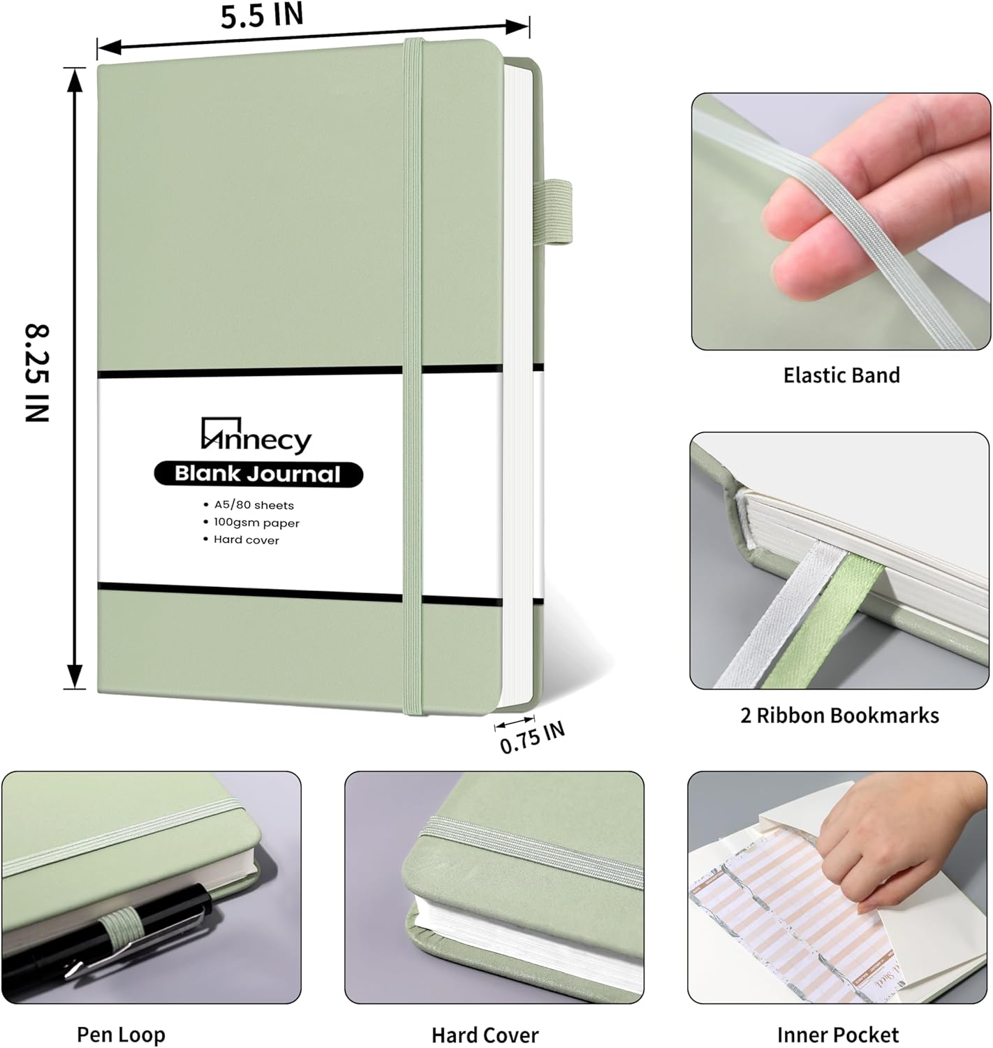 Annecy Blank Journal Notebook, Medium 5.5x 8.25, 160 Pages 100GSM Writing Paper, A5 Grey Green Faux Leather Cover with Pen Loop