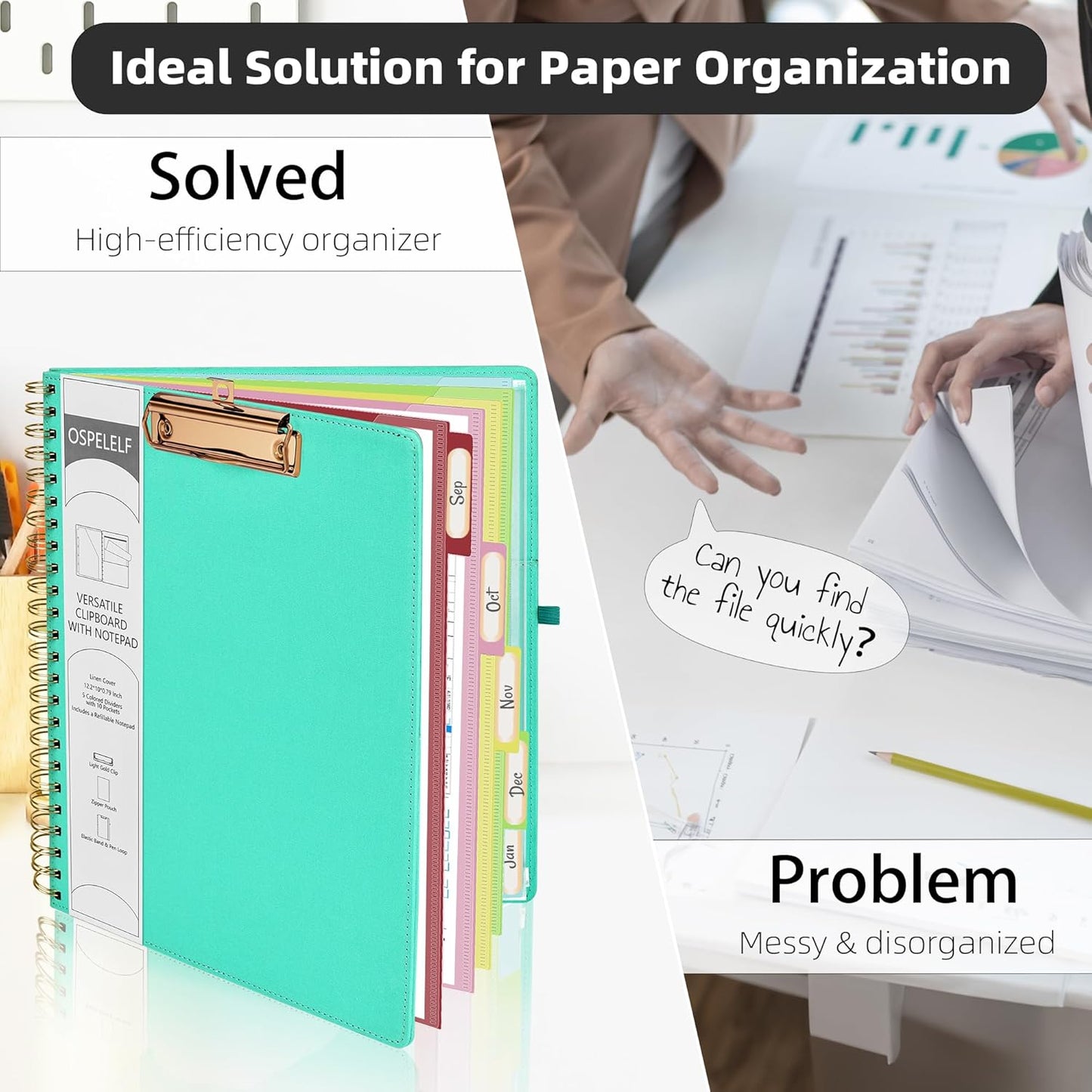 Ospelelf Foldable Spiral Clipboard Folio with Storage Zipper Pouch, 5 Plastic Folders with 10 Pockets,Refillable Lined Notepad (11" x 8.5"), Hardcover Project Organizer with 39 Stickers (Aqua)