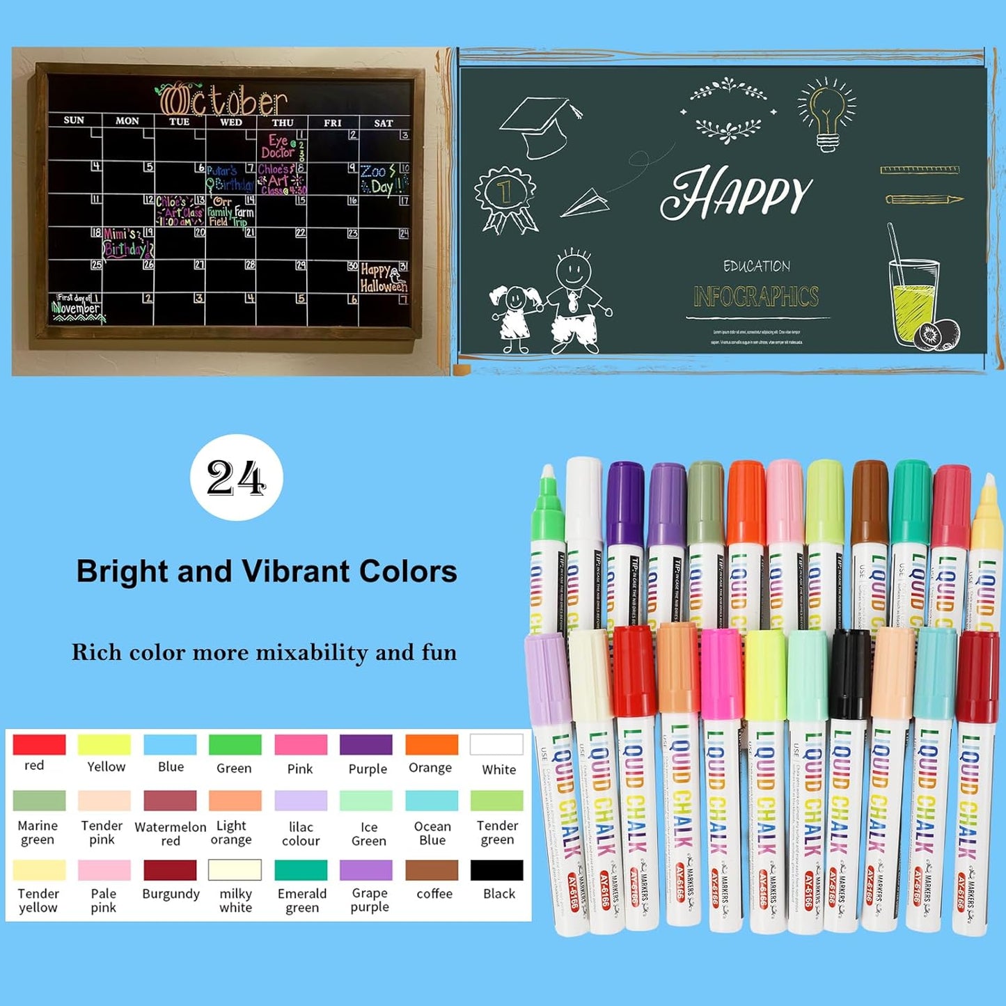 Chalk Markers, 24 Color Liquid Chalk Marker, Erasable Washable Bold Vivid Reversible Tip for Blackboard Chalkboard Window Poster Markers